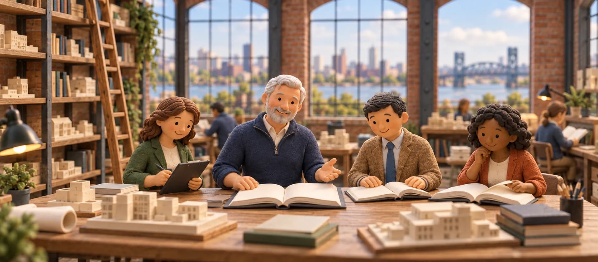 A clay model of a business owner, two buyers and a Rejigg guide reading at a long table in a brick reading room.
