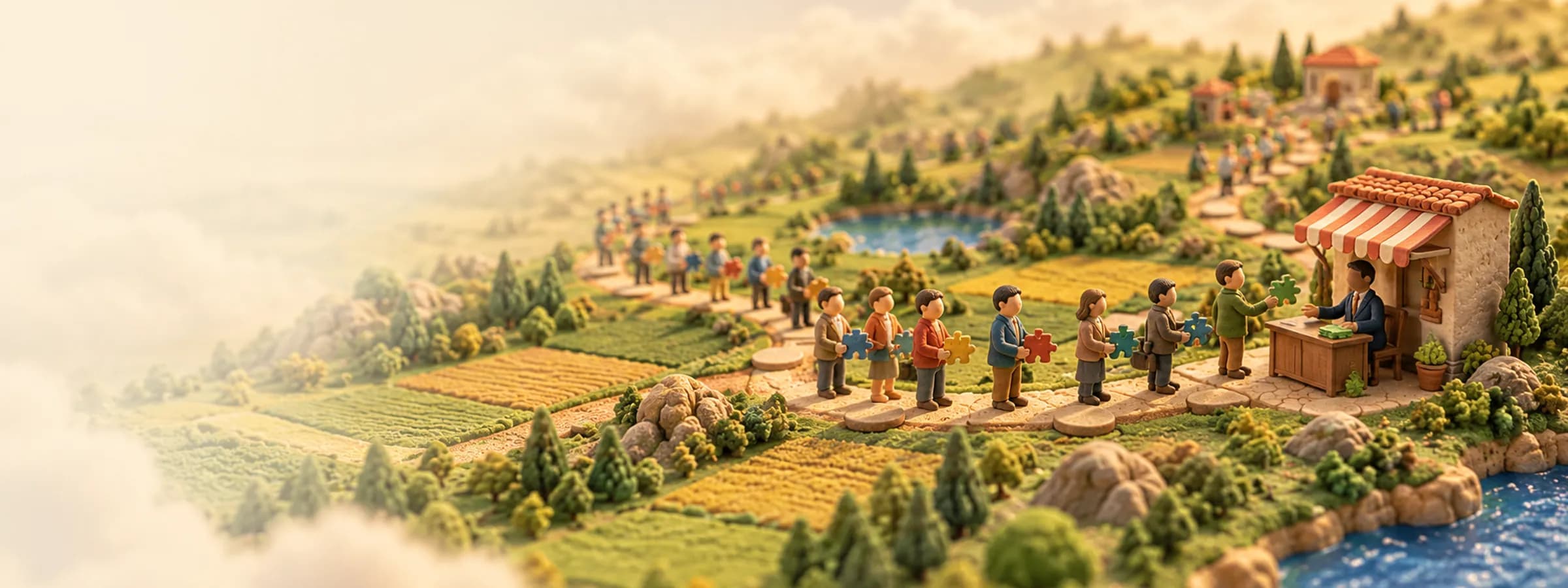 A broker at a desk outside a small shop takes puzzle pieces from a line of buyers waiting on a stone path.