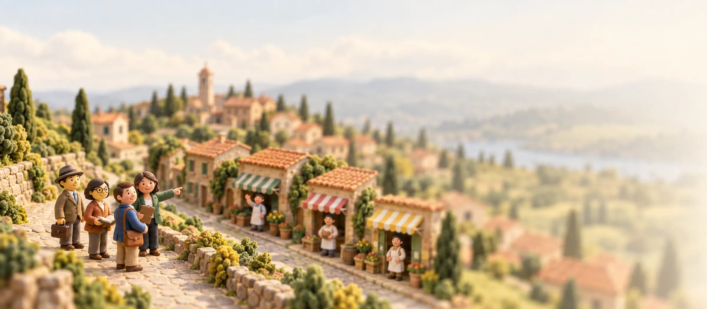 On a hillside street, a buyer stands with their Rejigg guide, lender, and accountant while the guide points down the row of small shops; three owners wave from their open doors.