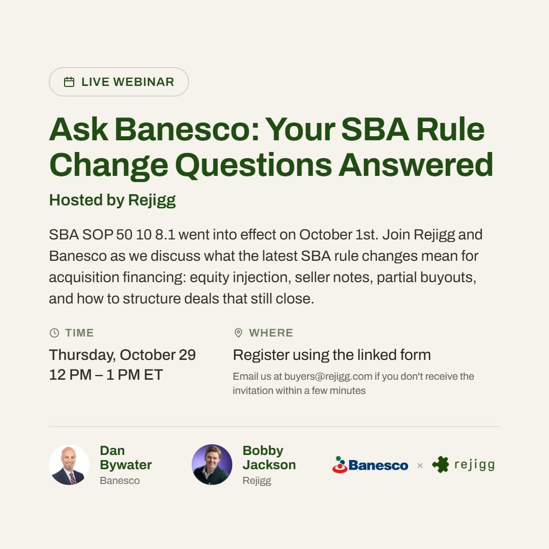 Flyer for Ask Banesco: Your SBA Rule Change Questions Answered, a live webinar hosted by Rejigg on Thursday, October 29, 12–1 PM ET, with Dan Bywater of Banesco and Bobby Jackson of Rejigg
