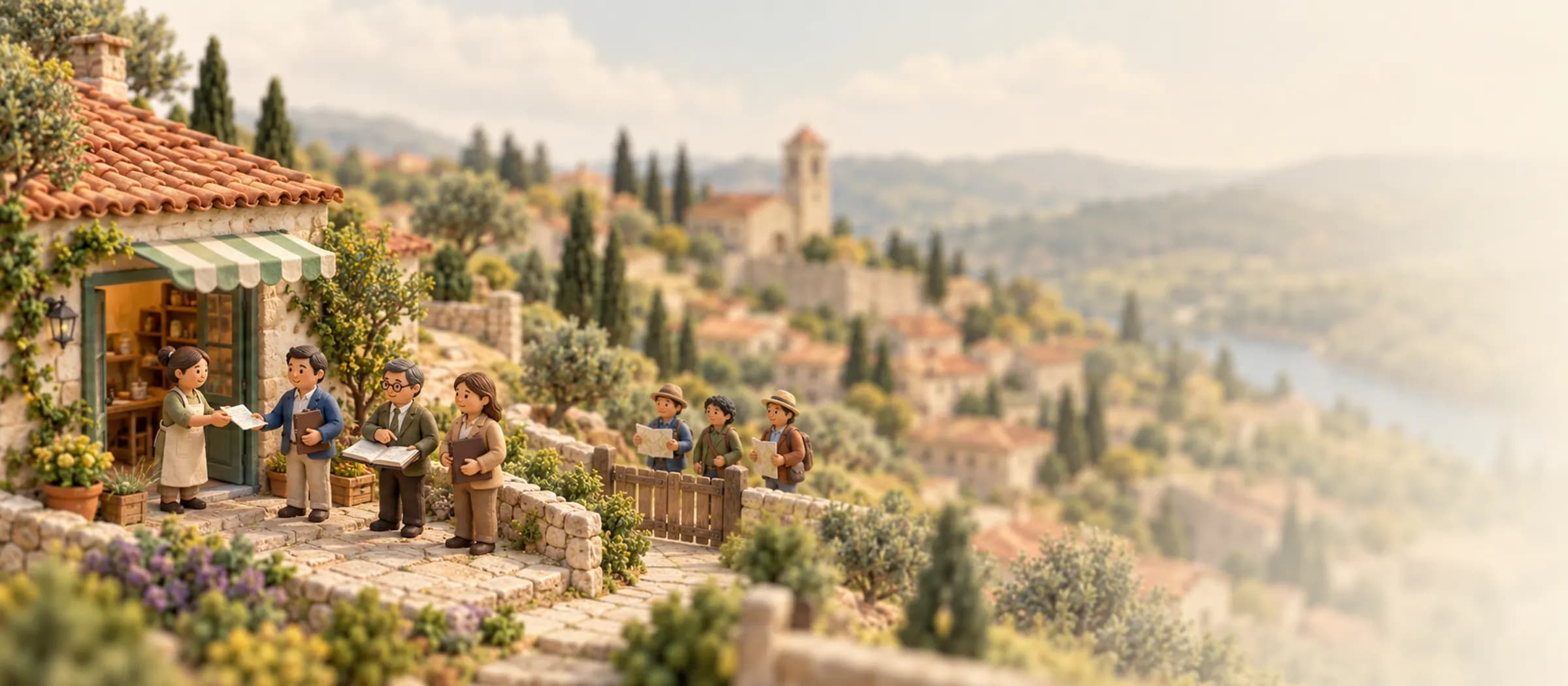 Outside their hillside shop, an owner hands a sheet of numbers to their Rejigg guide while an accountant and a lawyer stand with them; three buyers wait at the gate down the street.