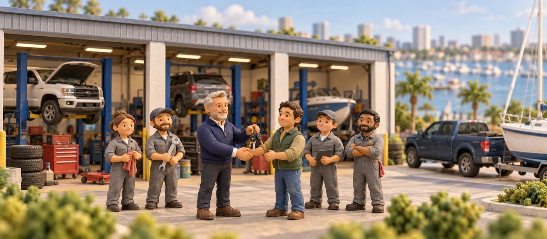 A clay model of an auto and boat repair shop owner handing his keys to the new owner while the mechanics look on.