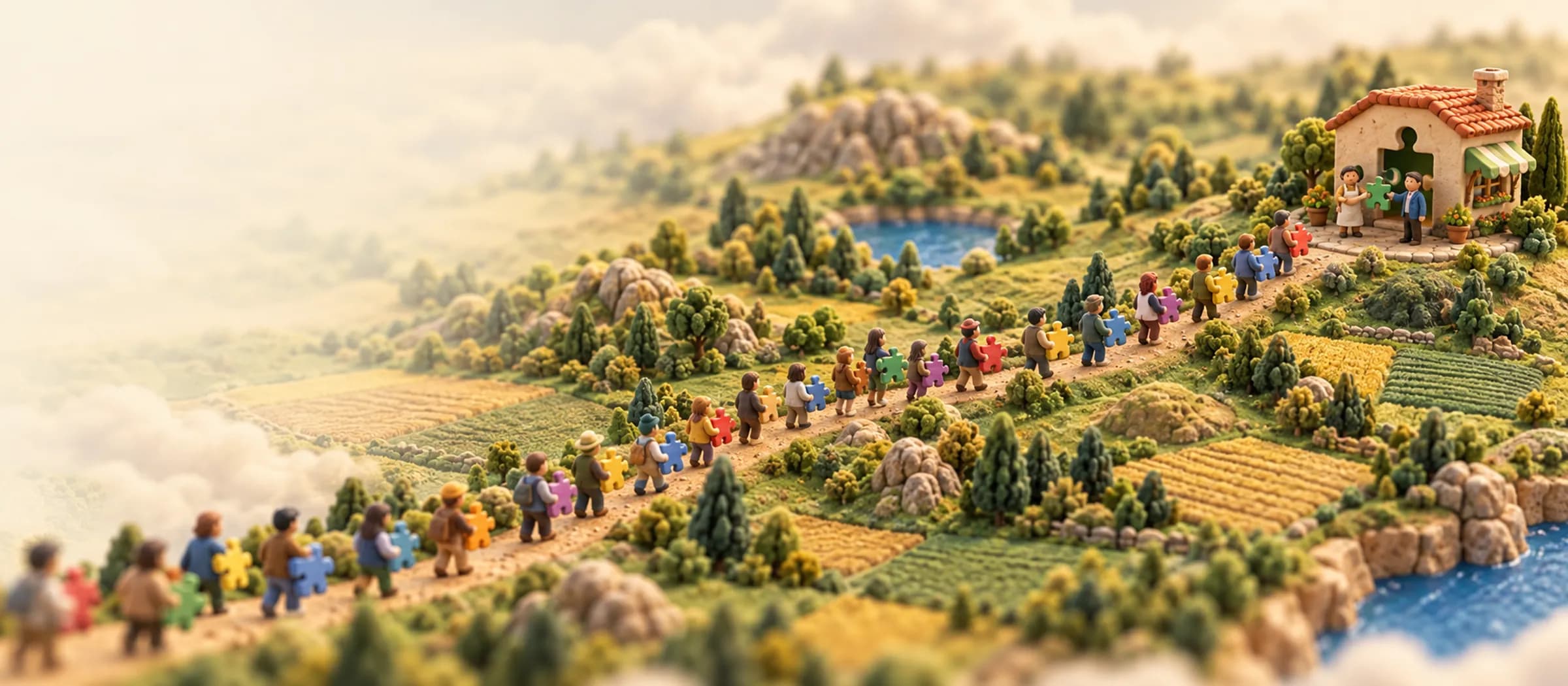 A line of buyers carrying puzzle pieces walks a country road to a small shop, where the owner and a broker hold the matching piece.