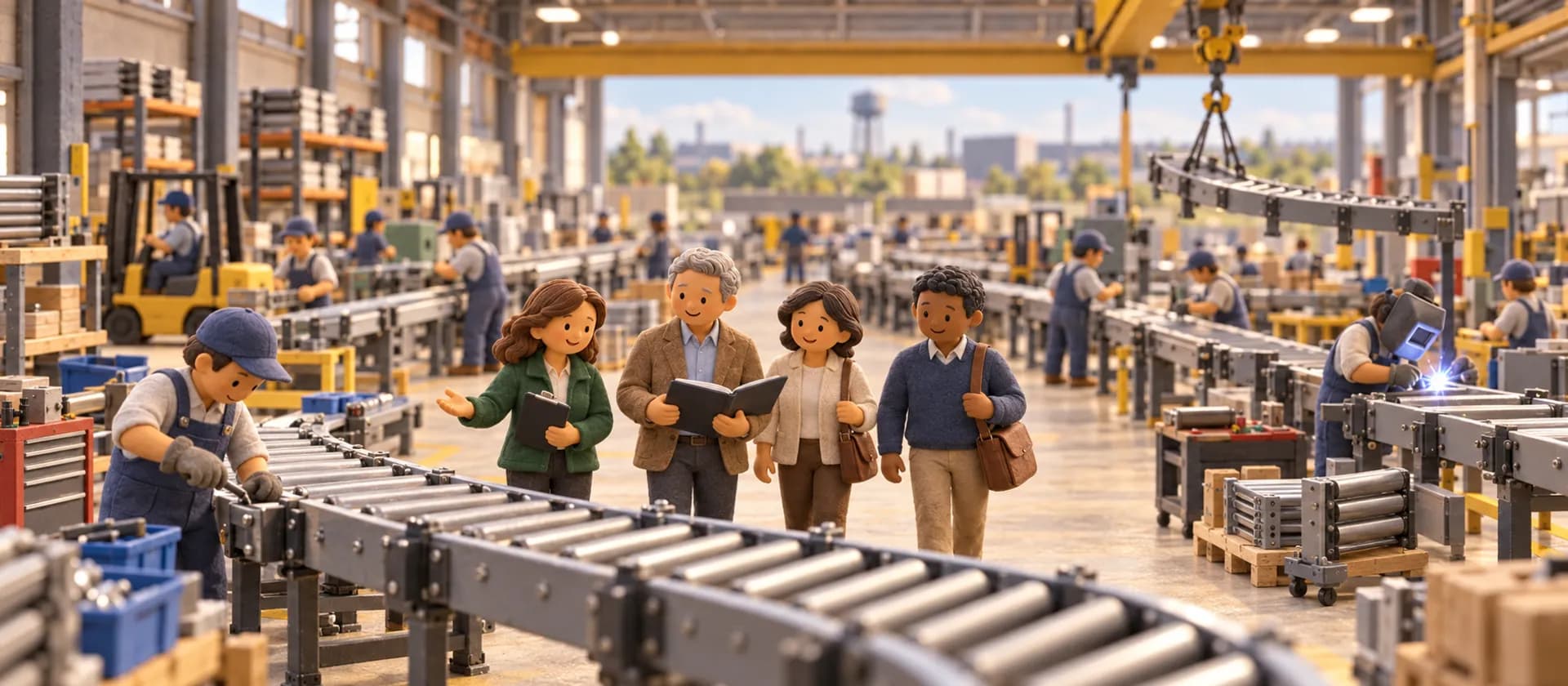 A clay model of a Rejigg guide walking three buyers along the assembly line of a conveyor manufacturer.