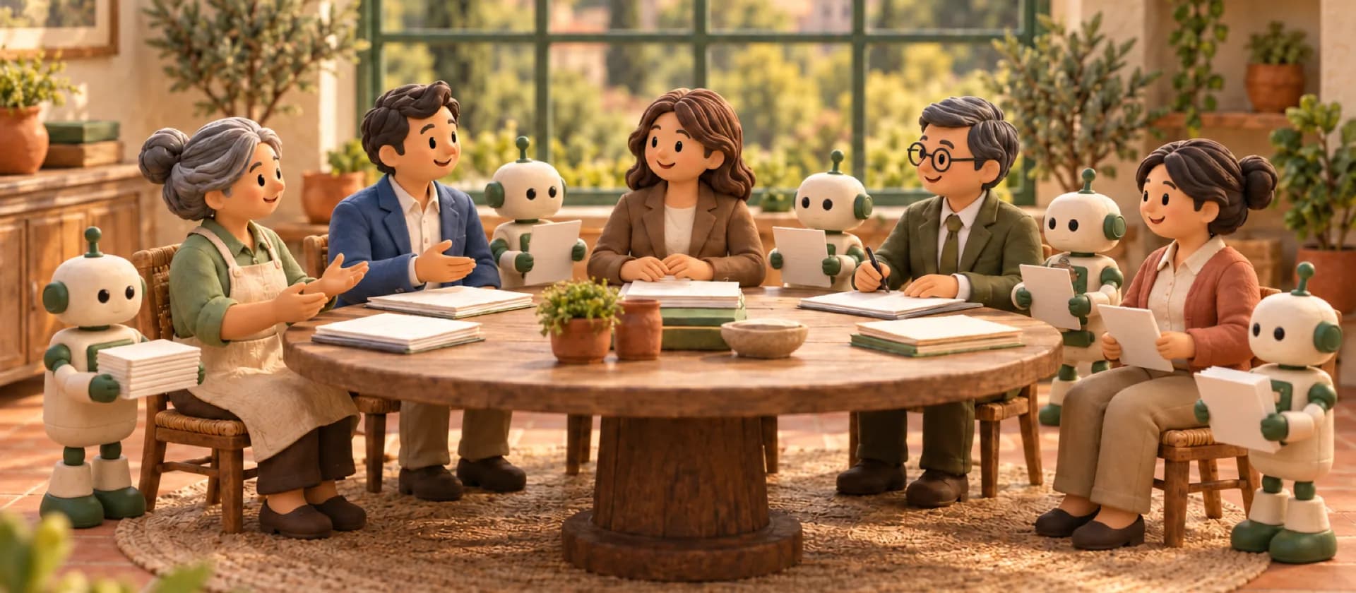 Clay figures of an owner, a buyer, a lawyer, a lender, and an accountant around a round table, each with a small clay robot assistant.