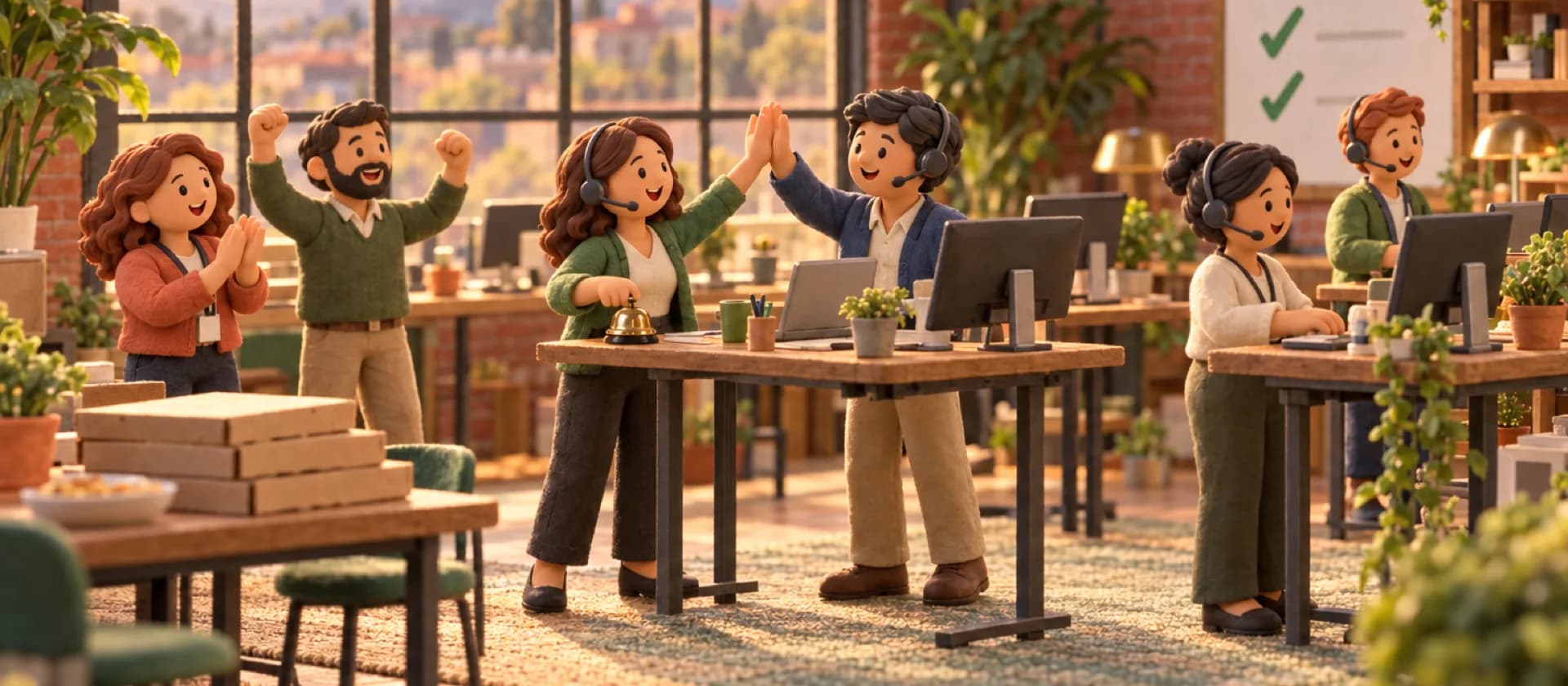 Clay figures on a sales floor cheering as one rings a bell.