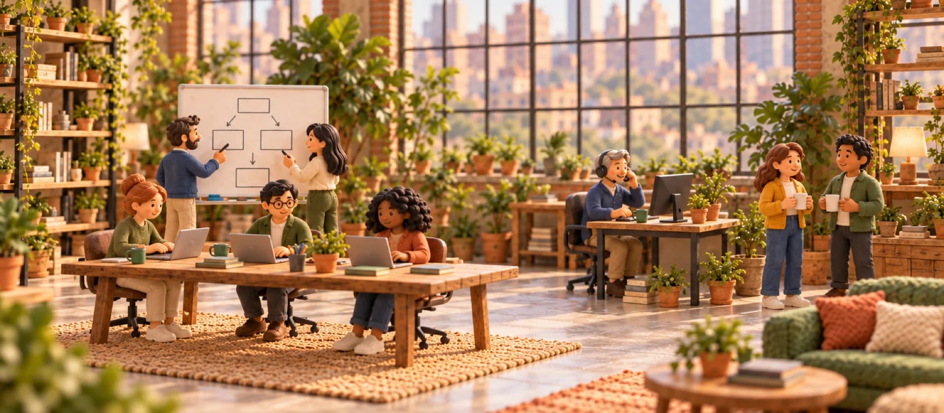 Clay figures of a small team working in a bright loft office with a city skyline behind them.