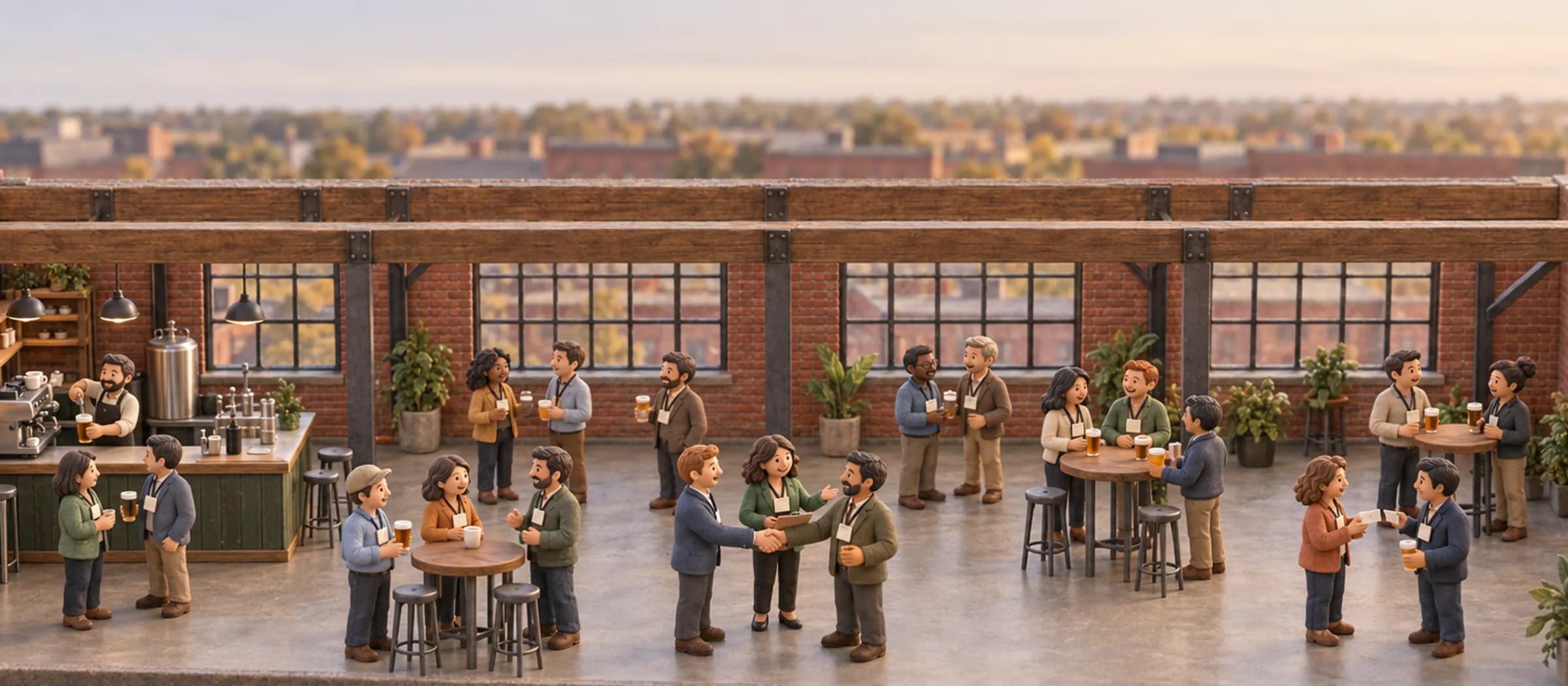 An after-work happy hour in a brick warehouse loft: owners and buyers with name badges talk in small groups over drinks while a Rejigg guide introduces two of them.