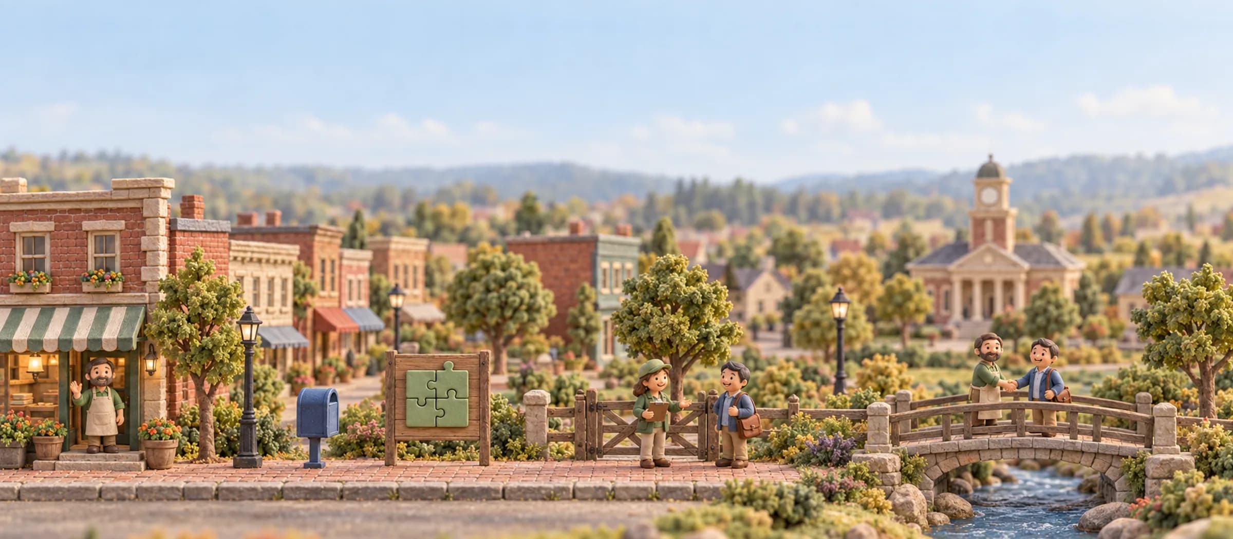 A small-town main street as the deal road: an owner at their shop door, a mailbox, a board holding a green puzzle, and a gate where a Rejigg guide checks a buyer on the way to the bridge.