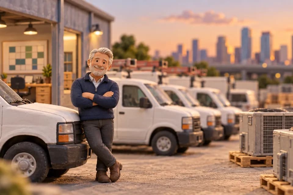 A clay model of an HVAC contractor's owner leaning on one of his service vans at sunset, his fleet and condenser units lined up behind him.