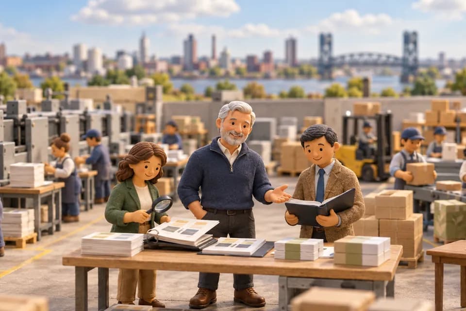 A clay model of a commercial printer's owner walking two buyers through his records beside the printing presses.