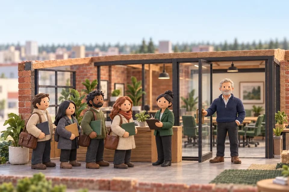A clay model of a creative agency owner holding his office door open for a line of buyers waiting to meet him.