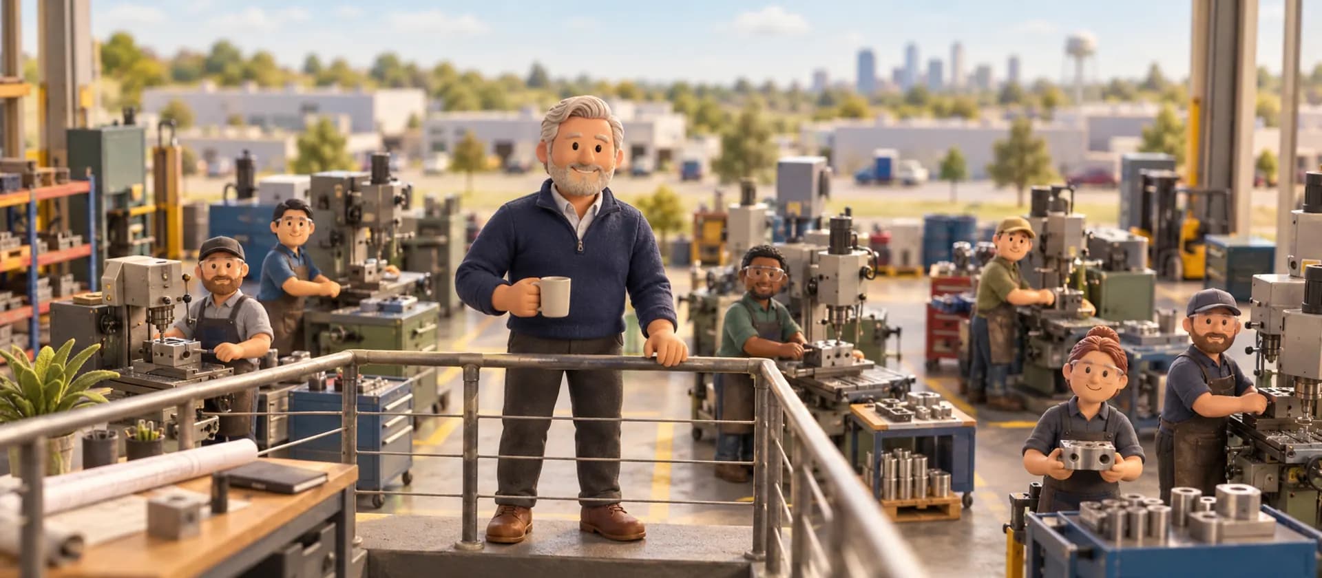 A clay model of a machine shop owner holding a coffee mug on a mezzanine, looking out over his machinists at work on the shop floor.