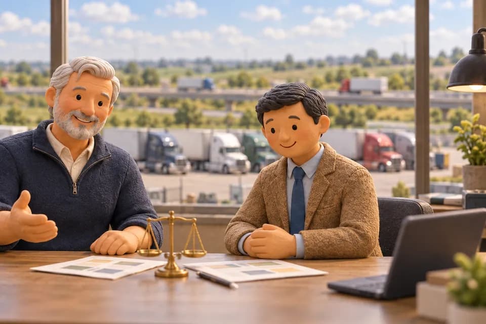 A clay model of a trucking company owner and a buyer talking terms at a table, with a Rejigg guide beside them.