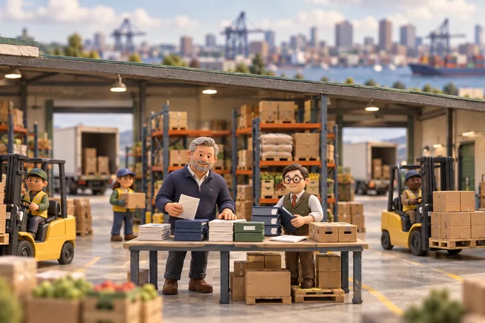 A clay model of a produce distributor's owner sorting binders of records with his accountant at a table on the warehouse loading dock.