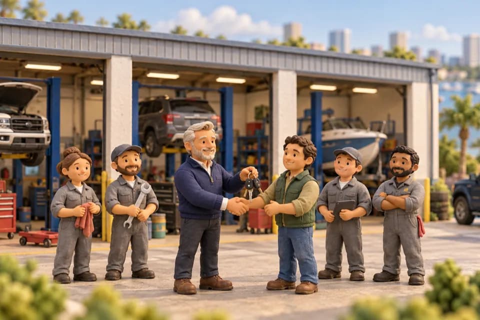 A clay model of an auto and boat repair shop owner handing his keys to the new owner while the mechanics look on.