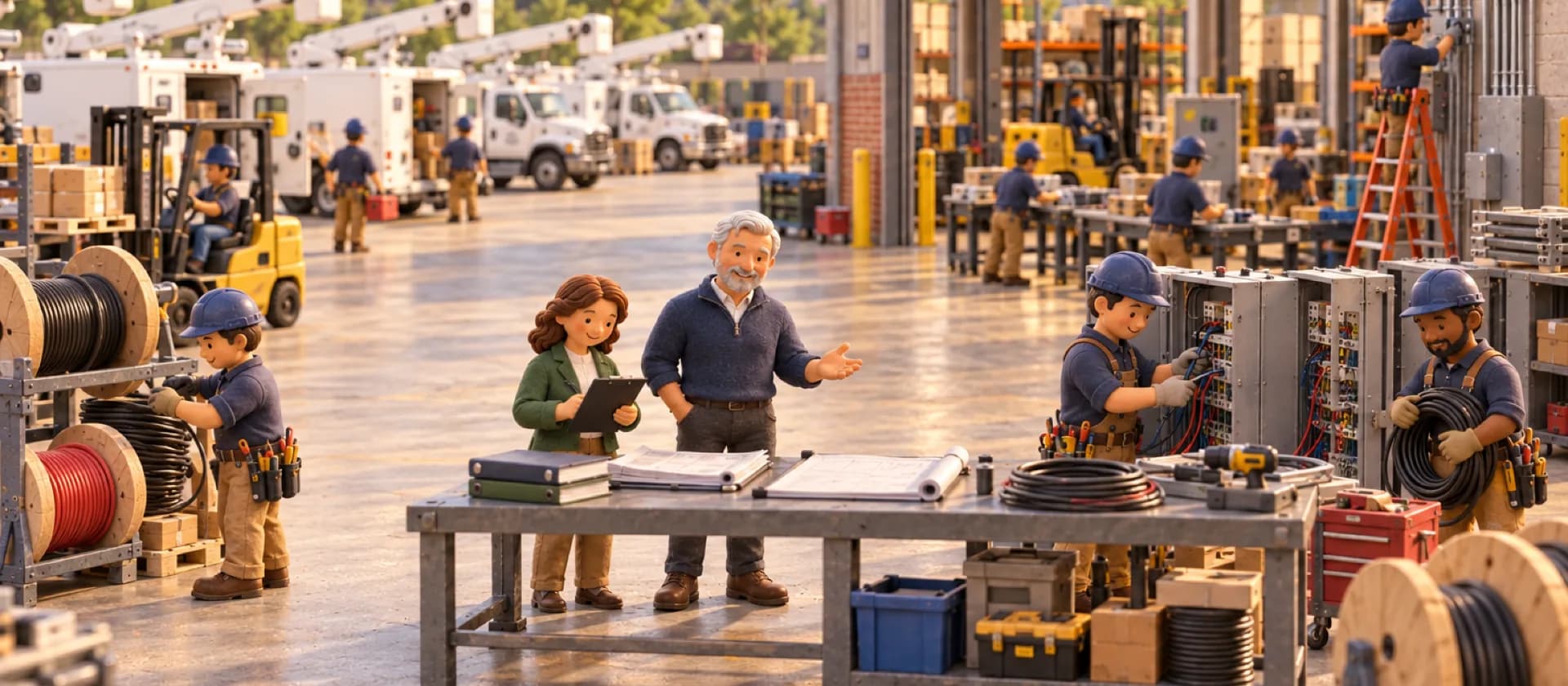 A clay model of an electrical contractor and a Rejigg guide laying out binders at a workbench while the crew works around them.