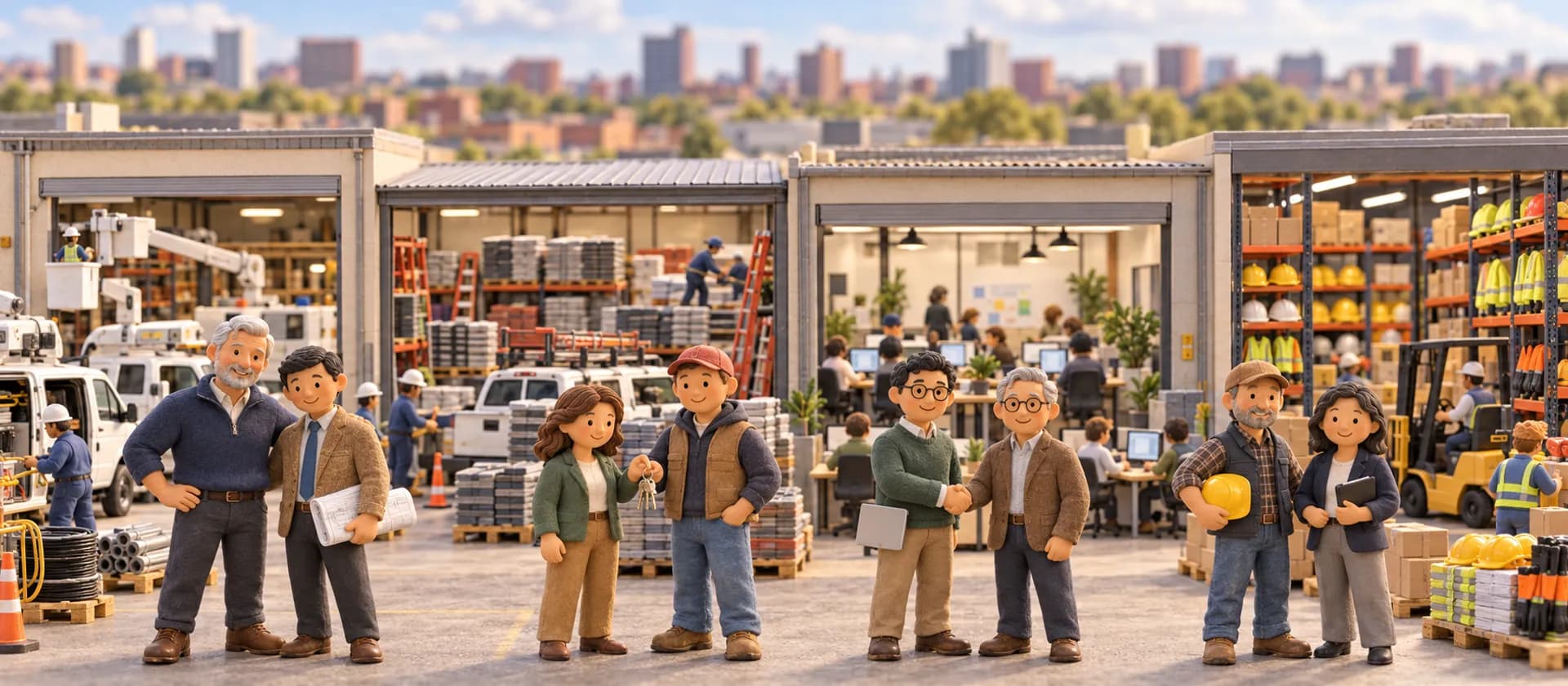 A clay model of four business owners standing beside the buyers who took over their companies.