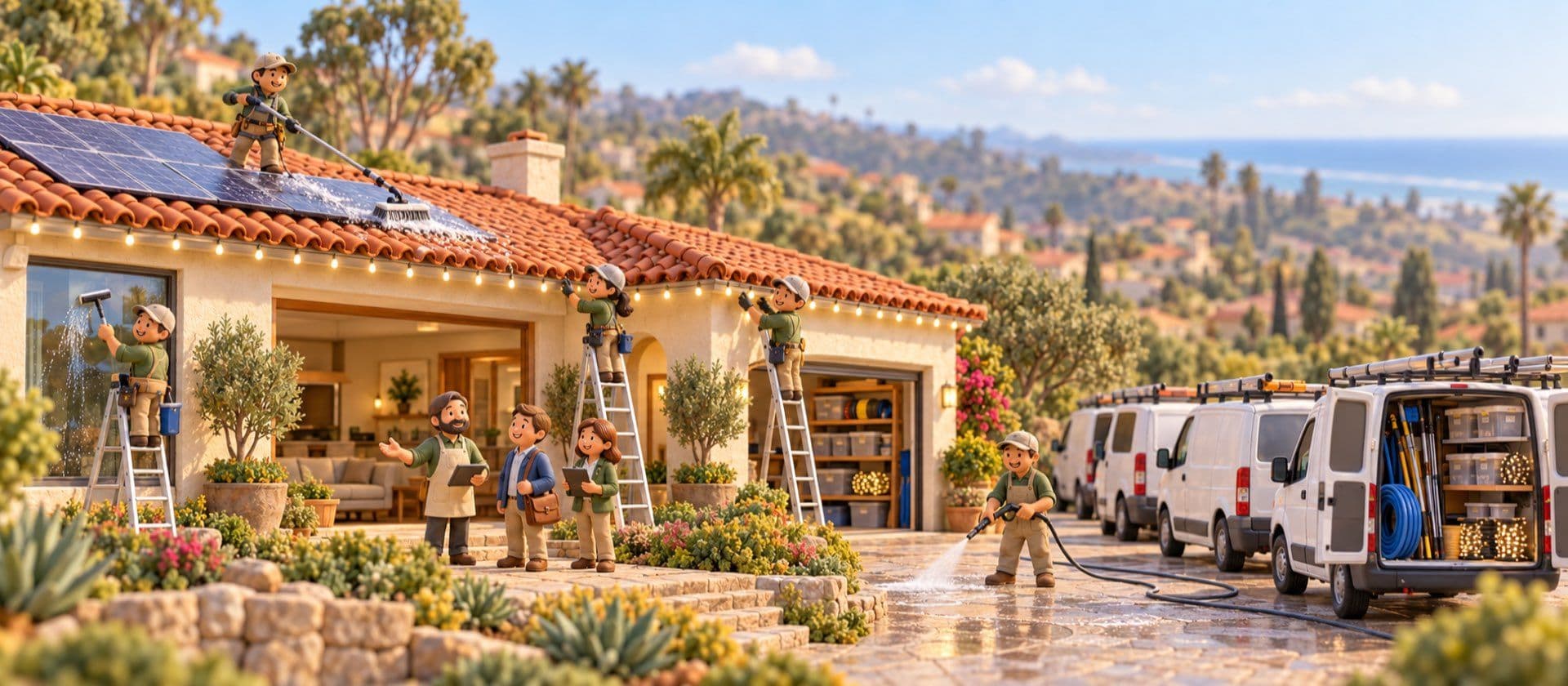 An exterior-cleaning crew washes windows and hangs holiday lights on a hillside home beside a row of work vans, in North County San Diego; the owner shows a buyer around.