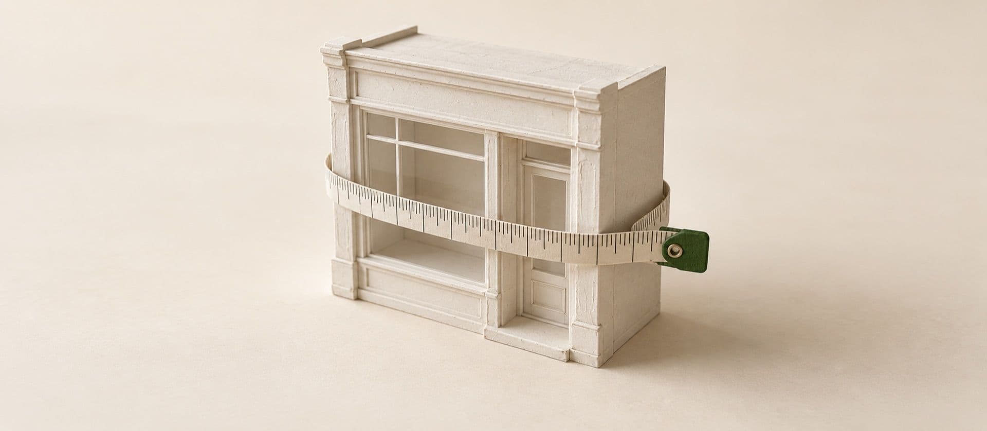 A cream study model of a small model of a shopfront with a tailor's measuring tape looped once around it, with the tab at the end of the tape in green.