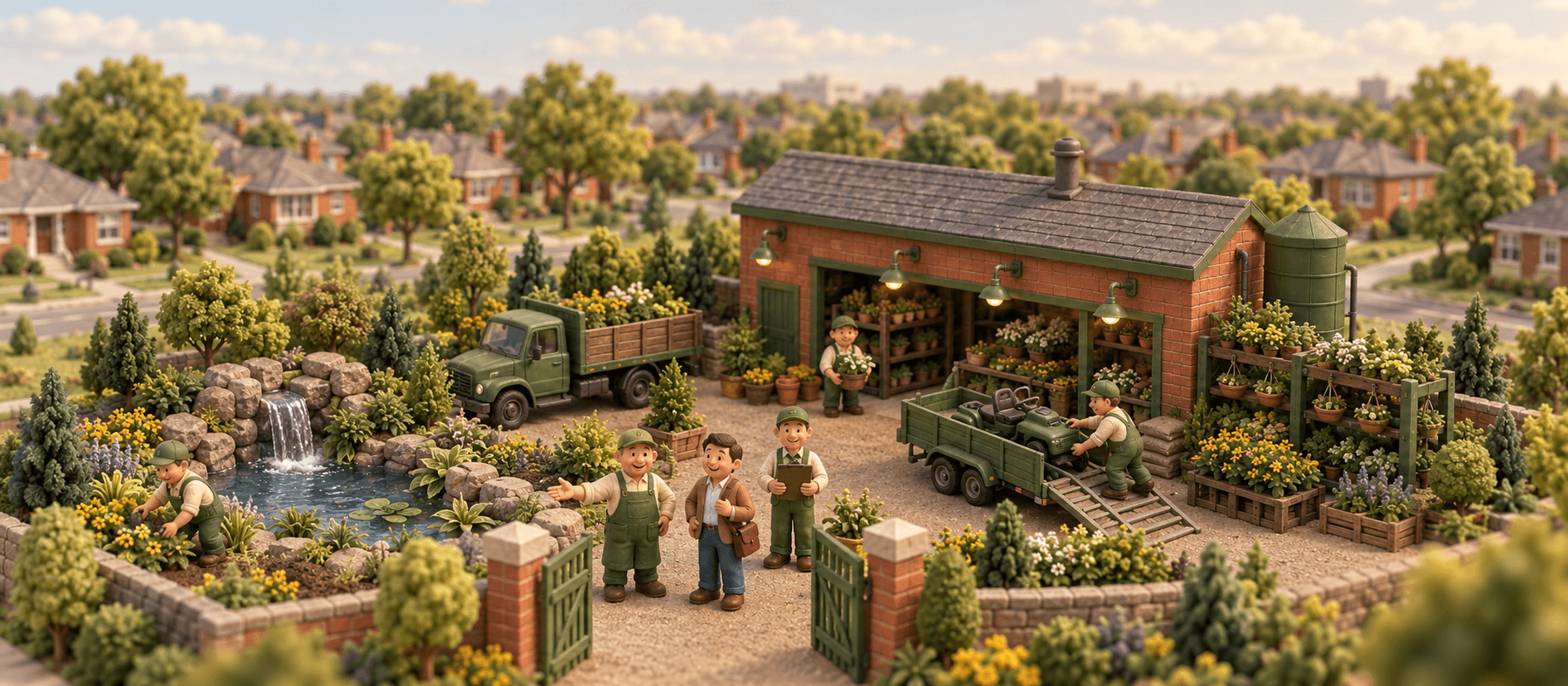 A landscaping crew plants flower beds beside a pond with a waterfall and loads a mower trailer, in suburban Chicago; the owner shows a buyer around.
