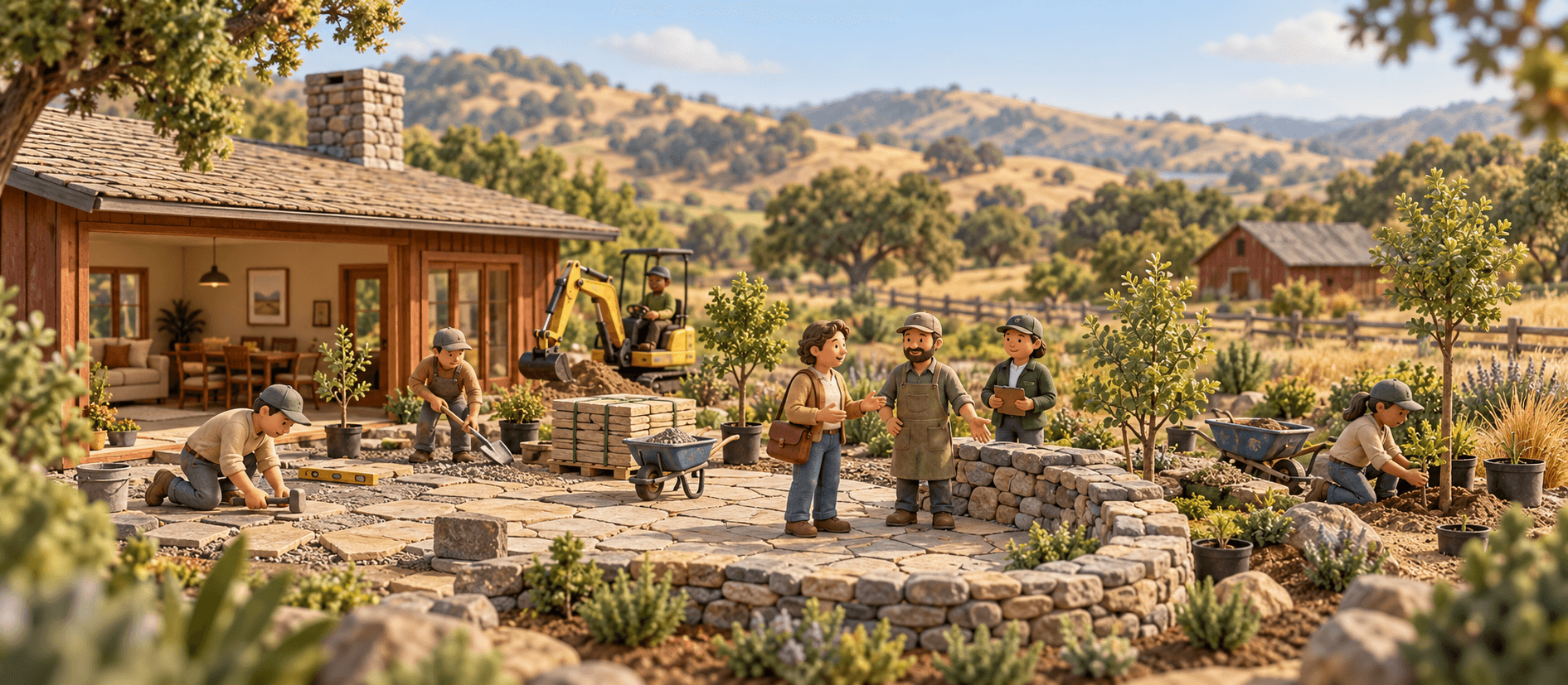 A crew lays a stone patio and a low stone wall and plants young trees beside a mini excavator, in the Silicon Valley foothills; the owner shows a buyer around.