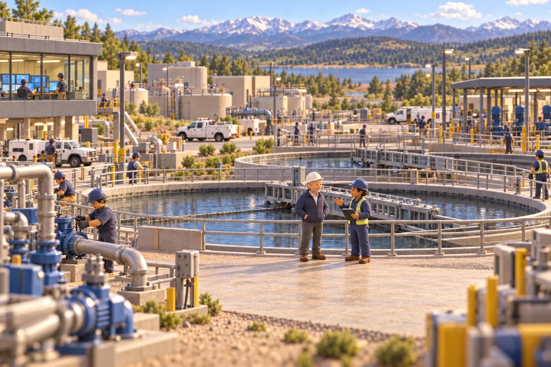 A clay model of a water utility treatment plant in Colorado, with the owner looking over the operation.