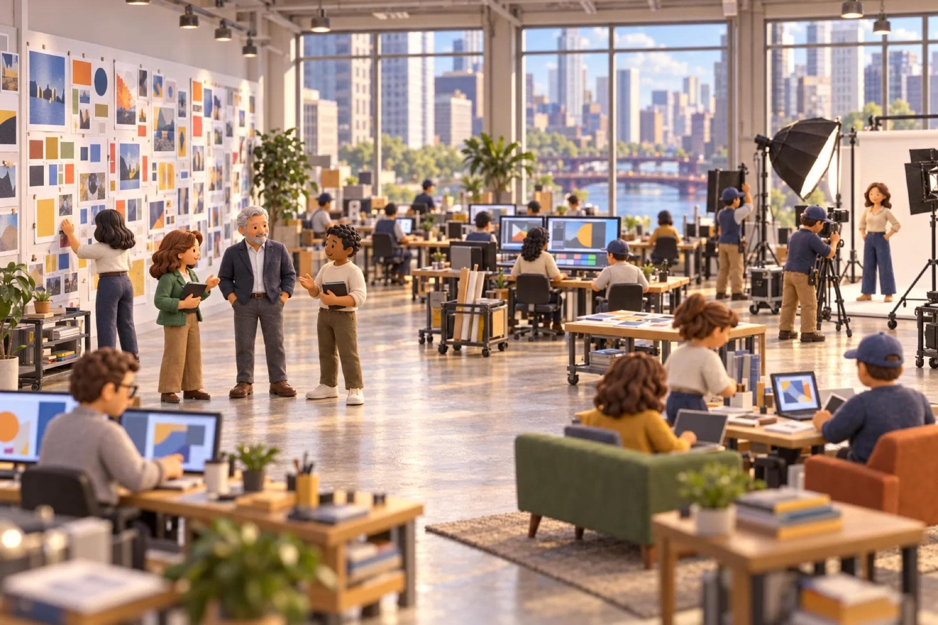 A clay model of an advertising agency on a high floor in a Chicago loop building, with the owner looking over the operation.