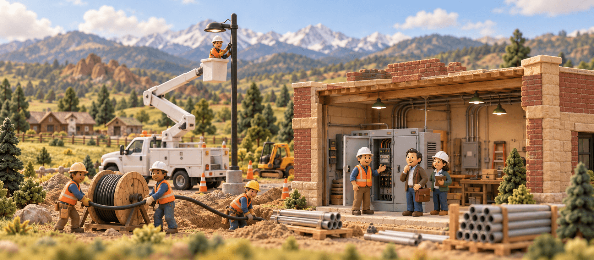 A crew pulls cable into a trench as a bucket truck reaches a light pole beside open switchgear, in the Denver foothills; the owner shows a buyer around.