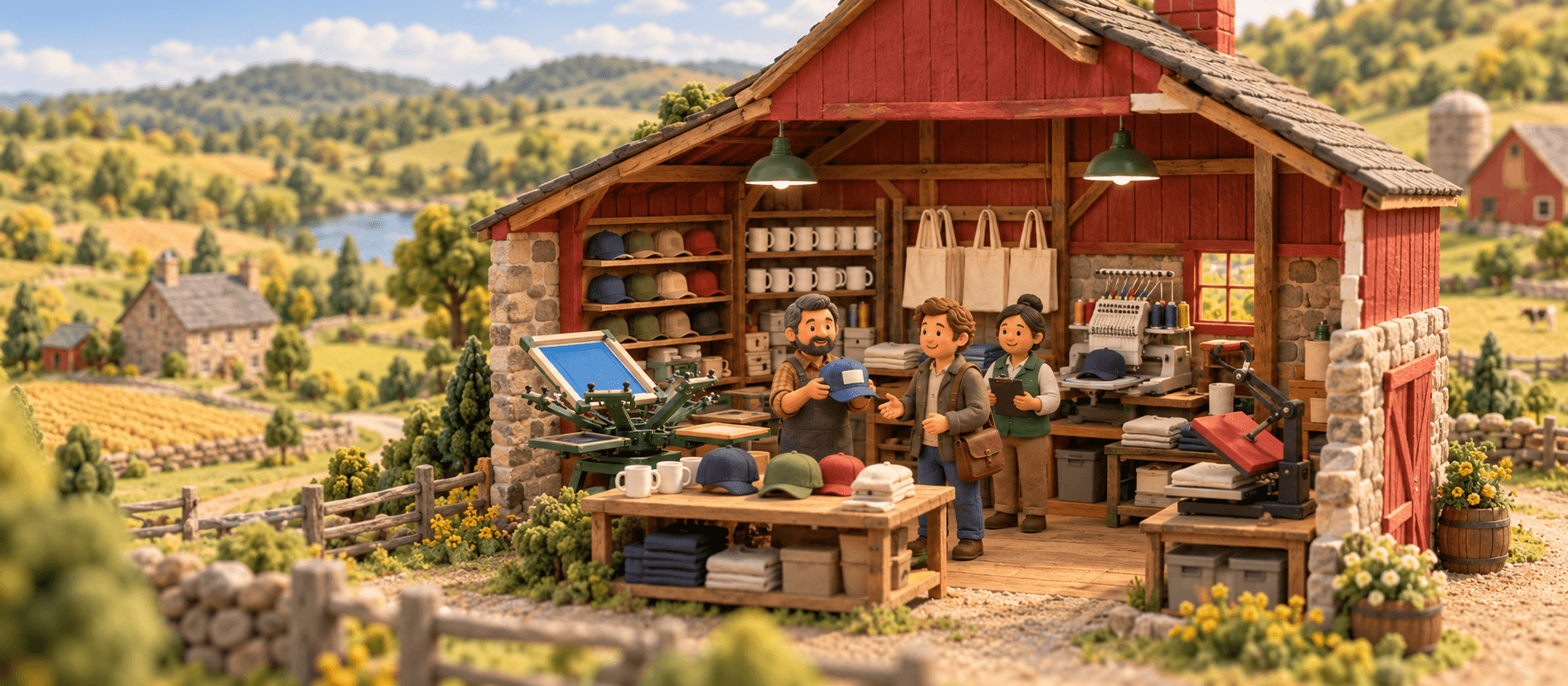 A barn print shop stocks caps, mugs and tote bags beside a screen-printing press and an embroidery machine, in Pennsylvania farm country; the owner shows a buyer around.