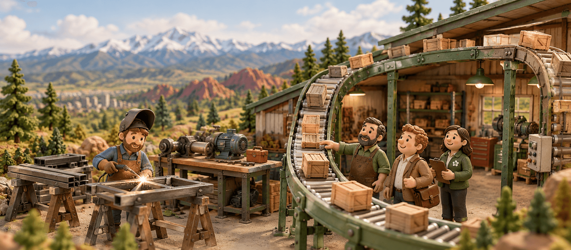 A serpentine conveyor carries crates on green steel legs while a welder works a frame, in the Denver foothills; the owner shows a buyer around.