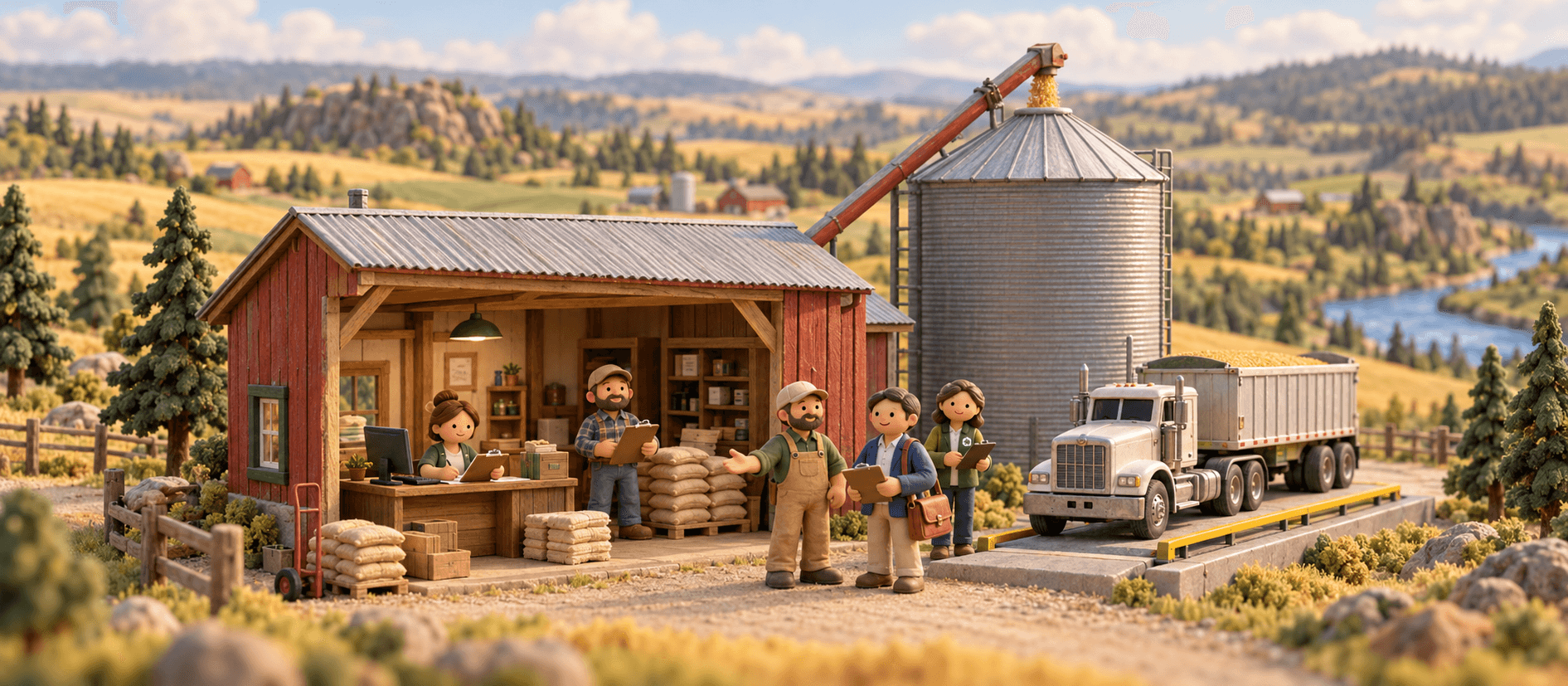 A grain truck sits on a weigh scale beside a grain bin while a clerk and a farmer tally sacks, in Spokane; the owner shows a buyer around.