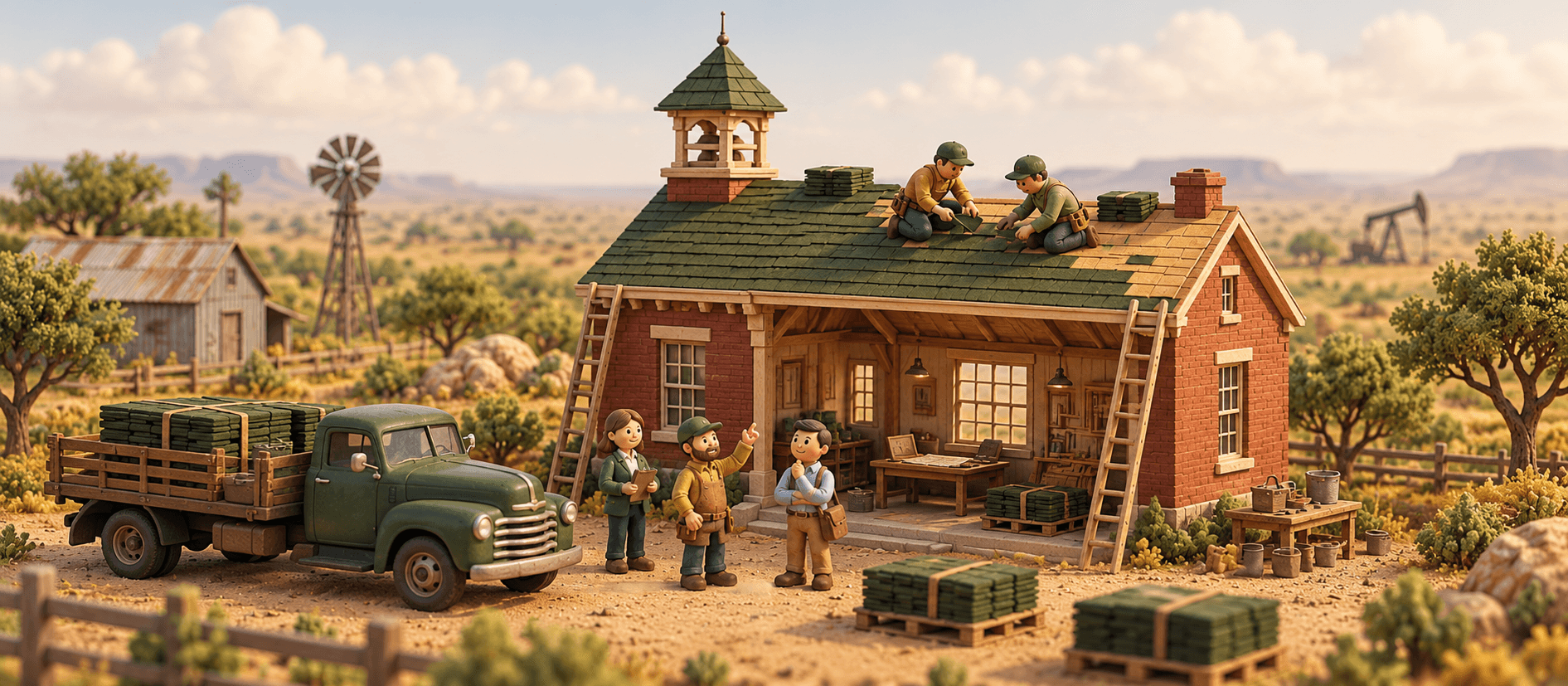 Roofers lay green shingles on a red-brick building beside a loaded green flatbed truck, in West Texas; the owner shows a buyer around.