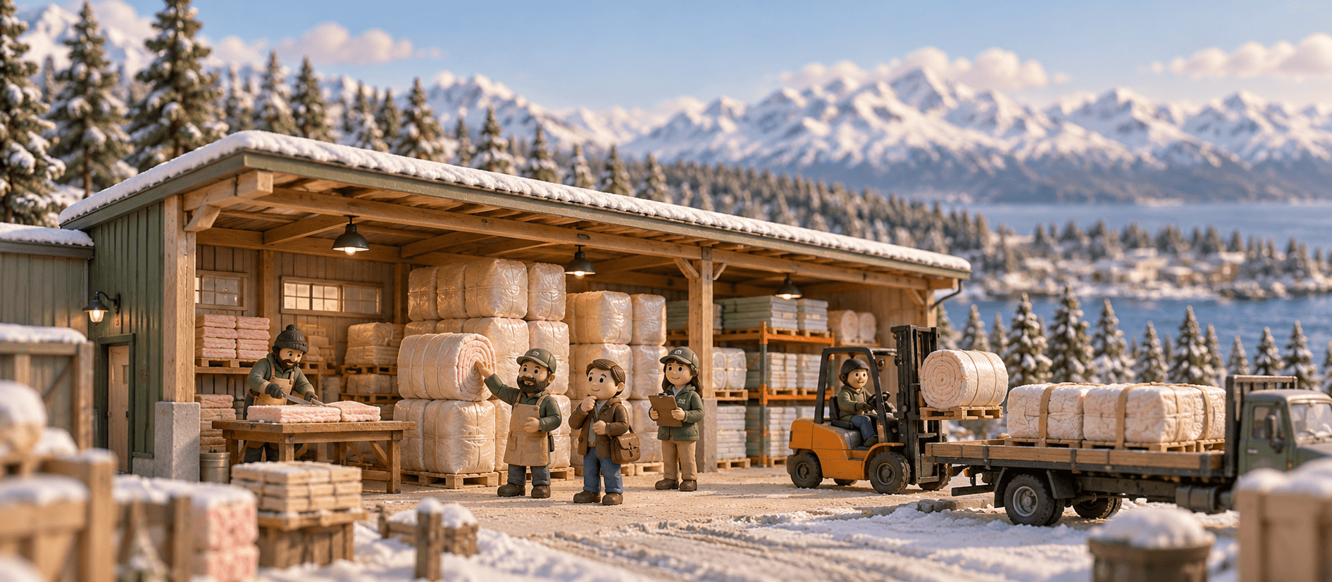 A forklift loads insulation bales onto a flatbed while a worker cuts batts at a bench in a snowy supply yard, in Anchorage; the owner shows a buyer around.