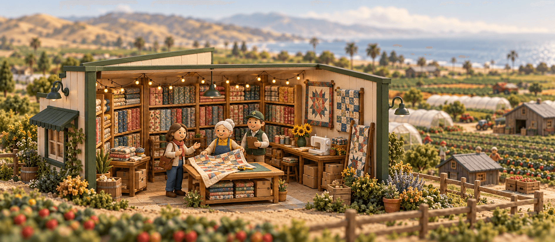 A quilt shop with shelves of fabric bolts, a sewing machine and a quilt spread on the cutting table, in Oxnard; the owner shows a buyer around.