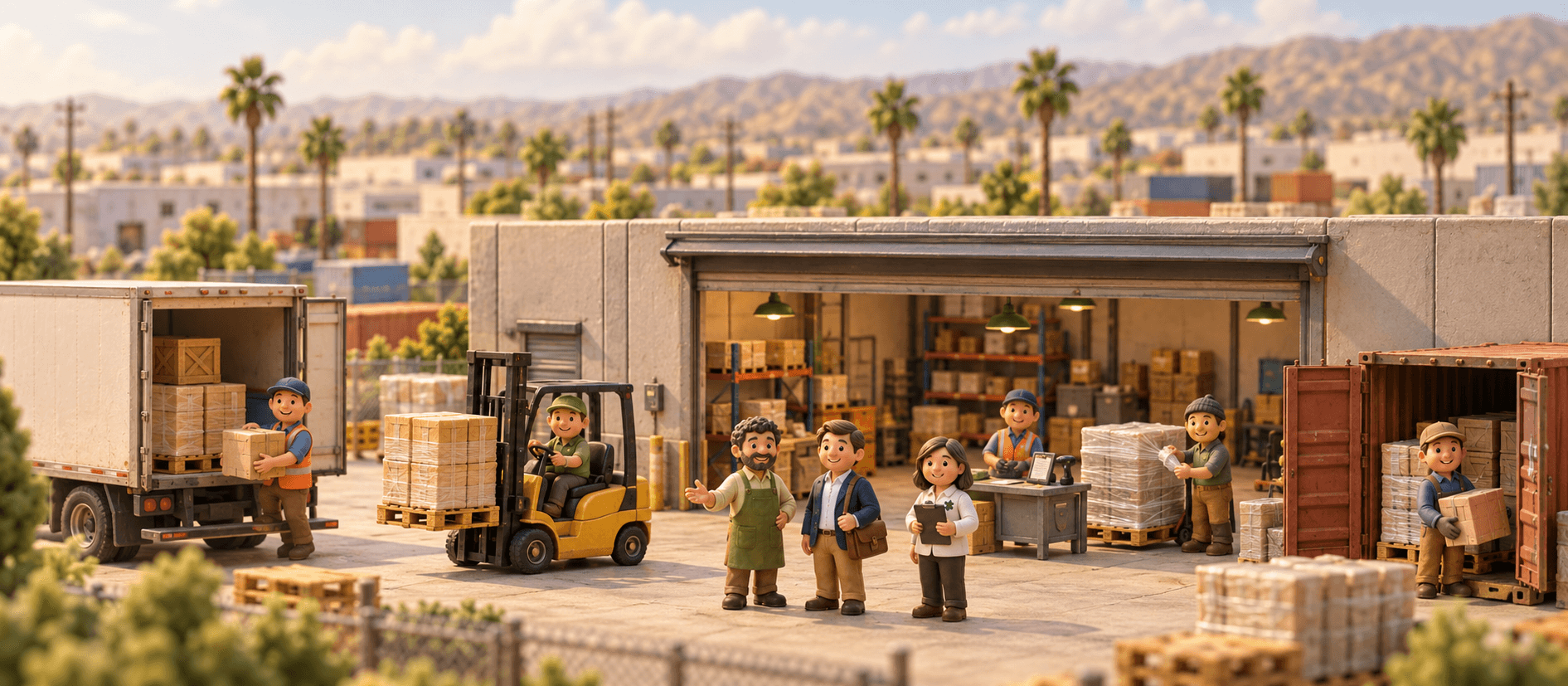 A forklift moves pallets of crates between a box truck and a shipping container at a freight dock, in Los Angeles; the owner shows a buyer around.