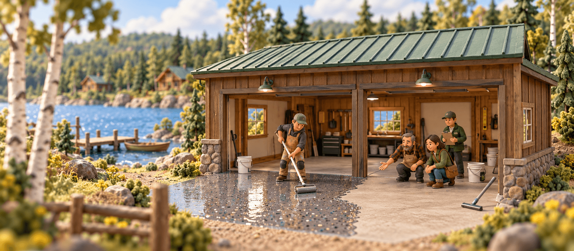 A worker rolls glossy flake epoxy across a garage floor, half shining and half bare concrete, in Northern Michigan; the owner shows a buyer around.