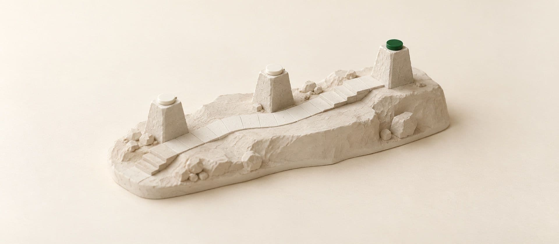 A cream study model of a short path with three squat stone milestone markers along it, one coin lying on top of each, with the coin on the last marker in green.