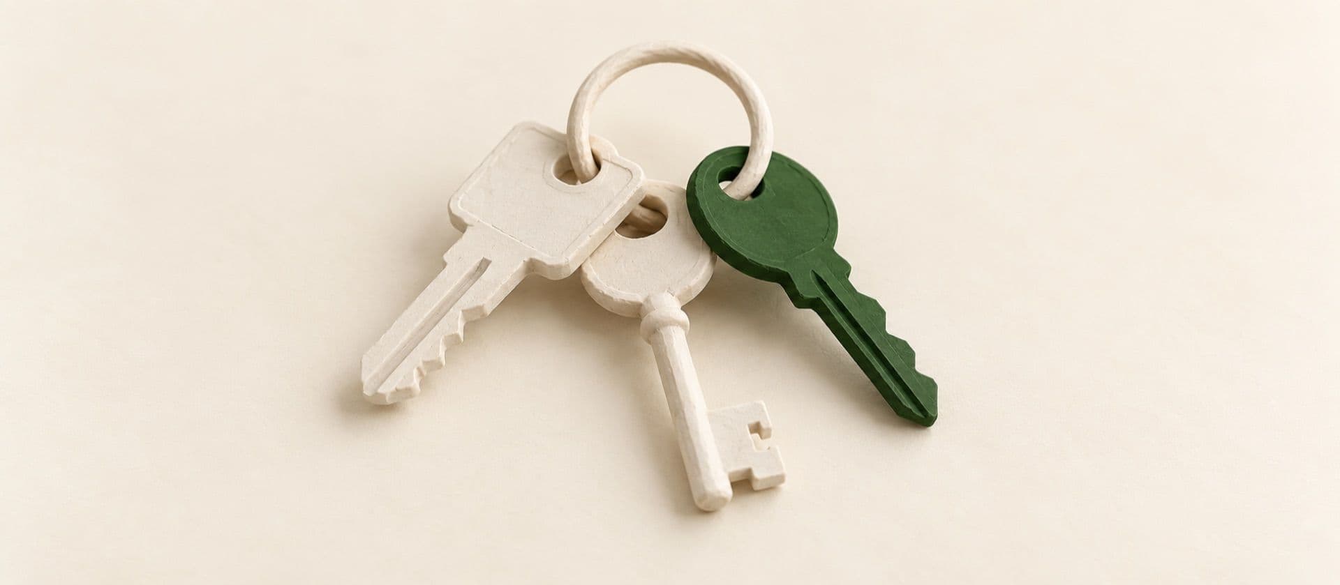 A cream study model of three keys of clearly different shapes hanging from one key ring, with one of the keys in green.