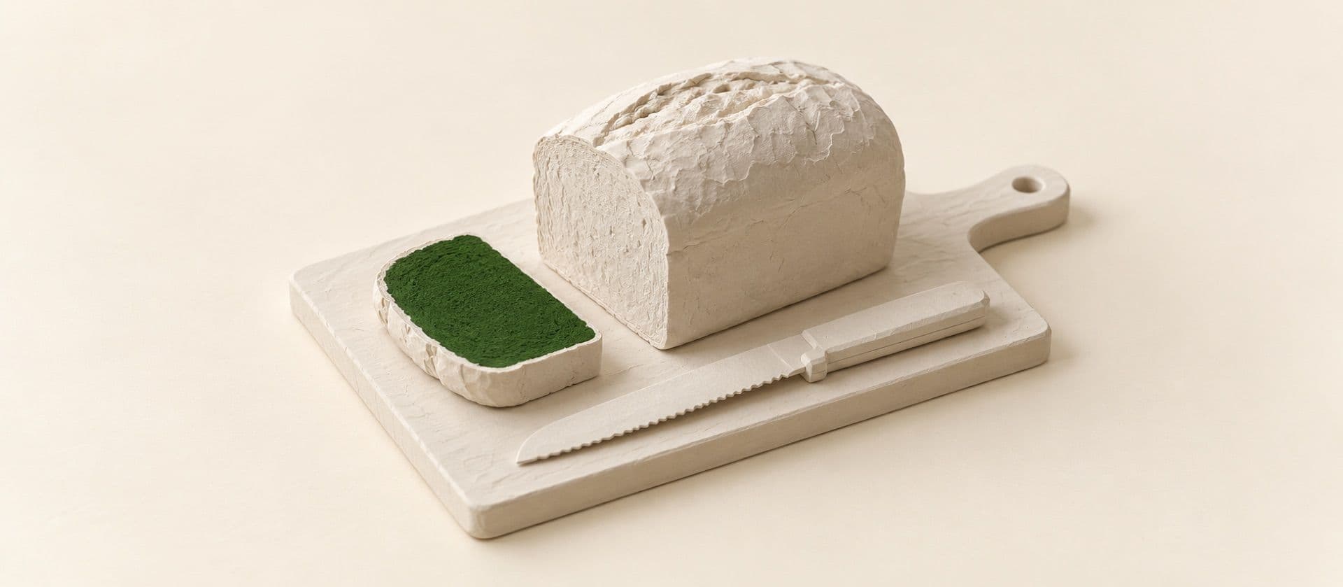 A cream study model of a plain loaf on a board with one slice cut and lying beside it, a bread knife resting on the board, with the cut slice in green.