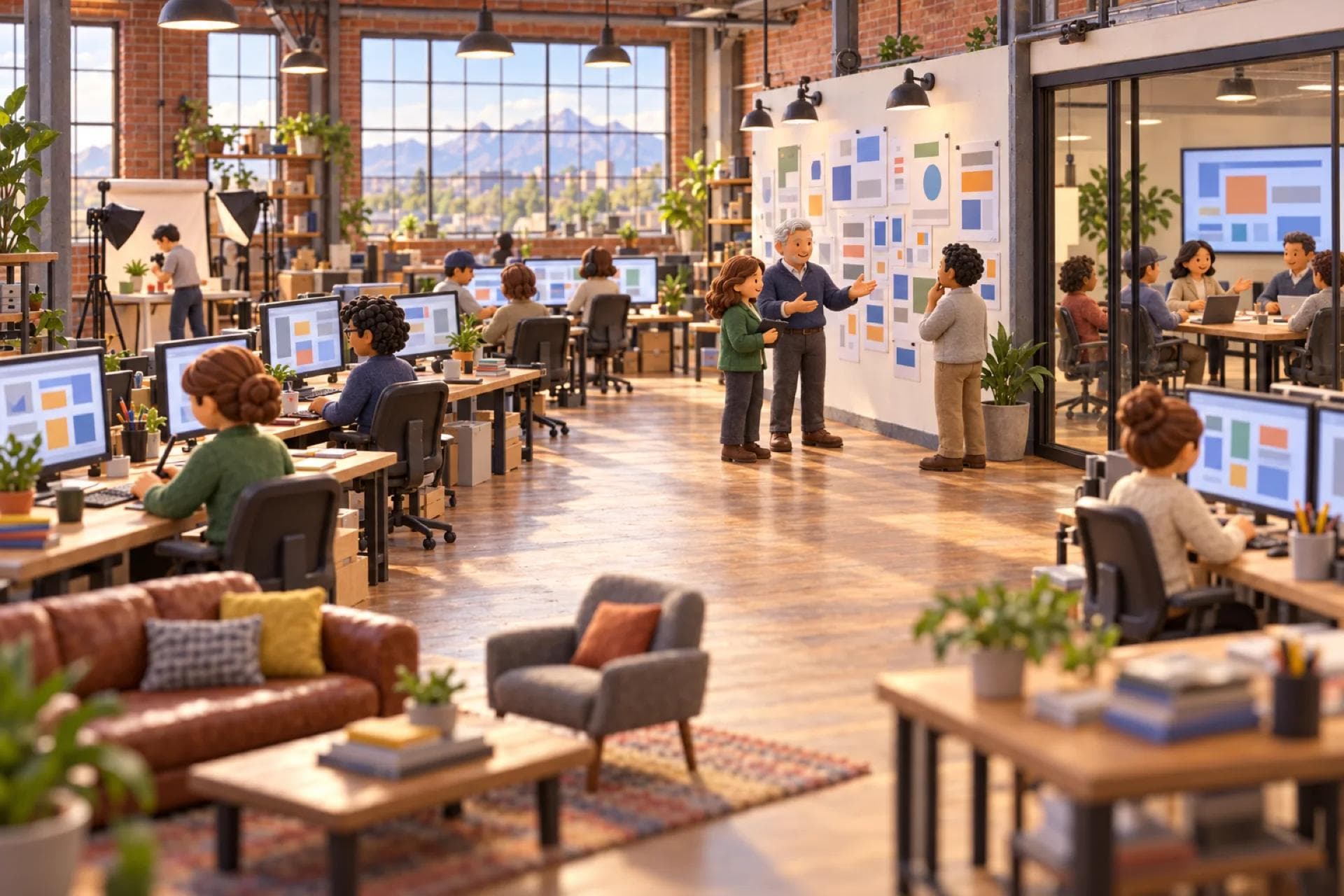 A clay model of a web design studio in a Denver brick loft, with the owner looking over the operation.